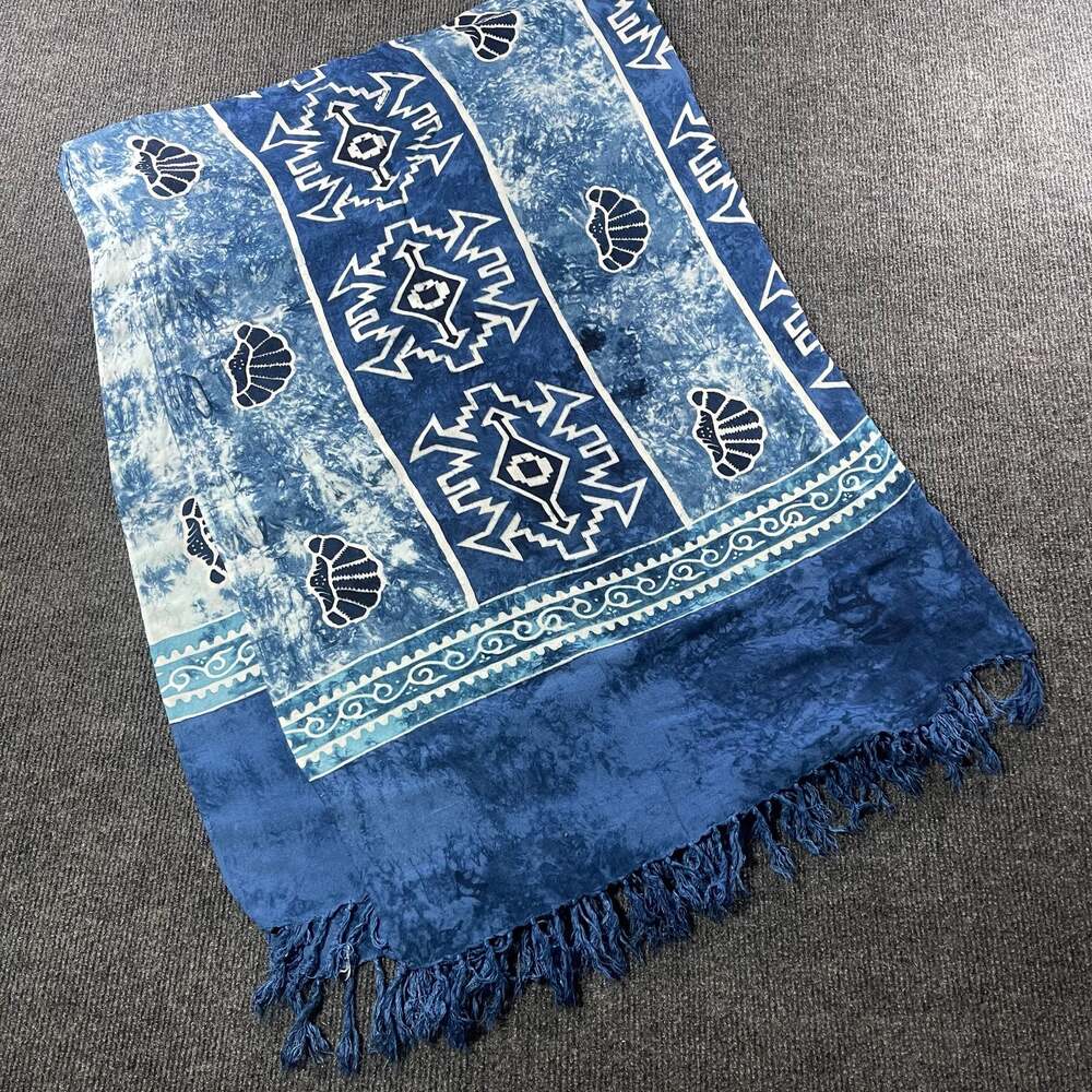 Blue and White Tie-Dye Ethnic Print Cotton Scarf Shawl with Tassels